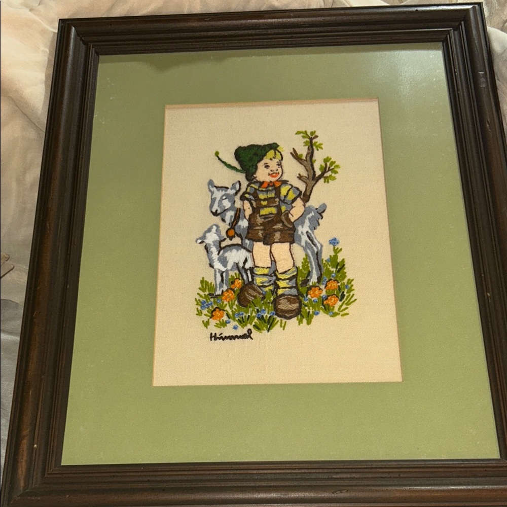 Hummel Framed Embroidered Art with Boy and Goats in Green and Brown
